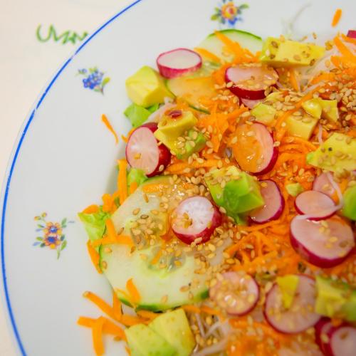 Salade de radis, concombres, carottes, avocats, vermicelles de riz et sauce aigre-douce