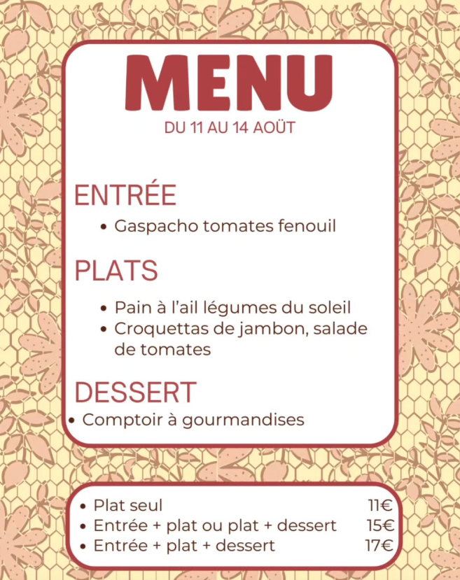 Menu du 11 au 14 ao&ucirc;t 2026