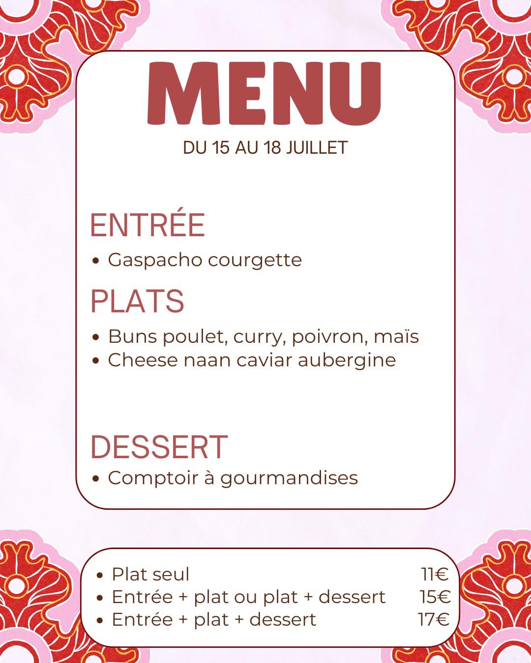 Menu du 15 au 18 juillet